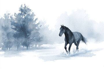 Obraz premium watercolor illustration of a gorgeous wild horse galloping through the snowy winter forest, minimalistic style, copy space