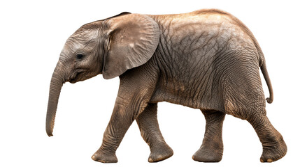 Fototapeta premium Young elephant walks across a white background, cut out transparent