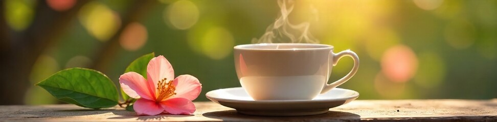 Fototapeta premium Serene Sunlight A Steaming Cup of Tea and Blooming Flower, Evoking Calm and Relaxation for Wellness and Self-Care Content