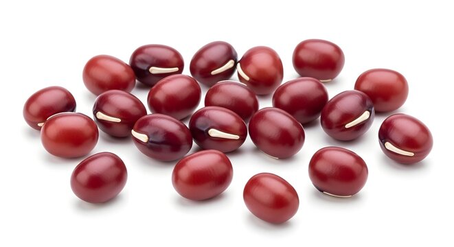 A close up of adzuki beans scattered on a white surface showing their distinctive white hilum feature