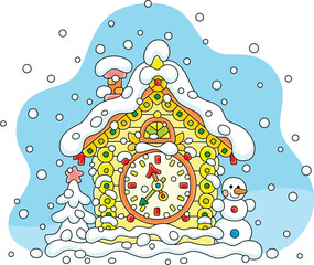 Festively decorated snowy toy cuckoo-clock, funny snowman and Christmas tree, vector cartoon illustration