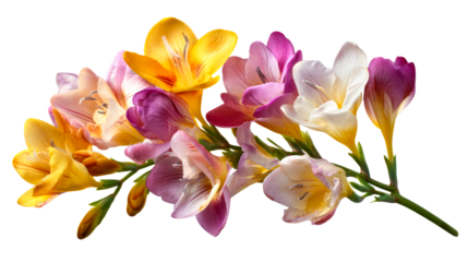 Mixed color freesia flowers with buds, cut out transparent
