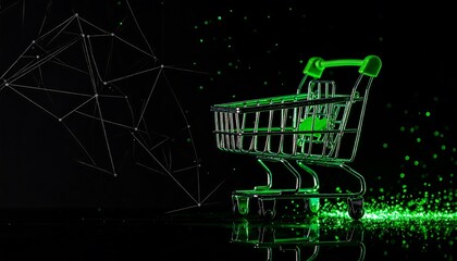 Futuristic online shopping concept featuring a green neon geometric shopping cart with particle trails on a dark reflective surface and network background