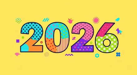 Colorful 2026 Numbers with Abstract Shapes and Patterns on Yellow Background.