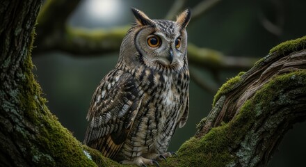 Obraz premium Long-eared owl perched on a mossy branch isolated PNG with Transparent Background
