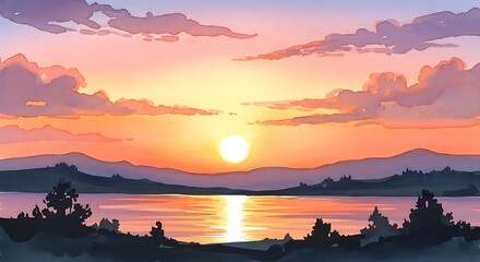Obraz premium Beautiful watercolor sunset painting with vibrant colors and serene atmosphere.