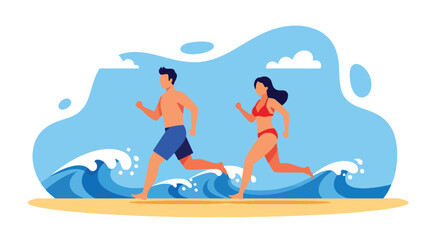 A flat vector of joyful couple running hand in hand along beach shoreline, romantic and active outdoor lifestyle