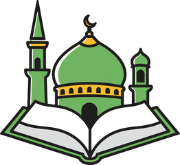 Creative islamic mosque design with open book symbolizing faith and knowledge flat design vector illustration isolated on transparent background