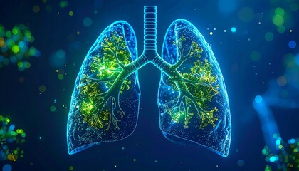 Futuristic 3D visualization of the human respiratory system, with glowing particles indicating a lung infection or disease. Advanced medical technology concept
