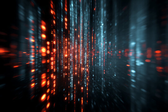 Dynamic digital data stream of glowing binary code in vibrant red and blue hues, representing futuristic technology and complex information flow - Powered by Adobe