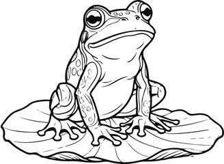 Hand-drawn frog sitting on lotus leaf, minimal contour, white background 1