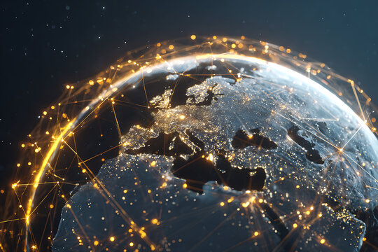 Vibrant global network of lights connecting continents, symbolizing digital communication and worldwide connectivity in a modern, dynamic universe