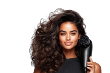 Woman Holding Hair Dryer on Transparent Background