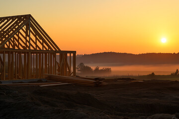 Framing a future, a new home rises with the dawn's golden light. Structure of dreams stands tall against the serene landscape. Building a sanctuary for life.