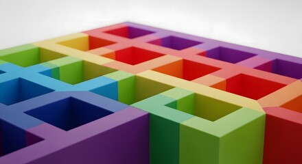 A close up view of a colorful grid structure with a rainbow color scheme and square shaped openings