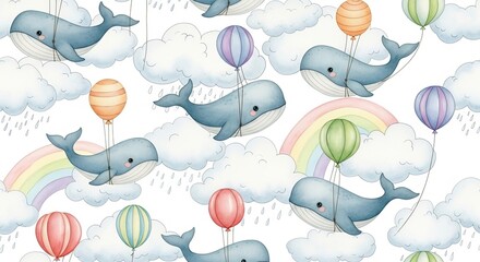 A whimsical pattern featuring cartoon whales floating among clouds and rainbows with colorful balloons