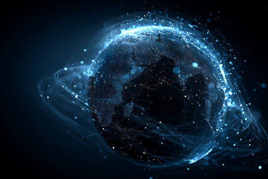Dynamic digital globe network connecting data points across continents with glowing blue light trails, representing global connectivity and information flow.