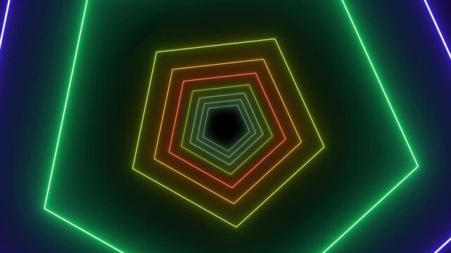 Vibrant multi-colored pentagons creating a tunnel effect, abstract neon digital motion design. Multi-colored Neon Pentagon Shapes Forming a Tunnel Effect abstract.