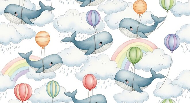A whimsical pattern featuring cartoon whales floating among clouds and rainbows with colorful balloons