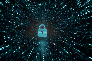 Secure digital padlock glowing amidst a vibrant abstract network of flowing data streams and futuristic technology concepts