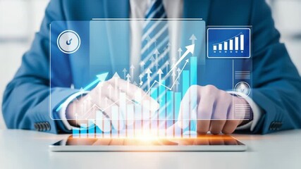 Businessman analyzing financial growth chart on futuristic holographic interface with upward arrows motion animation video - Powered by Adobe