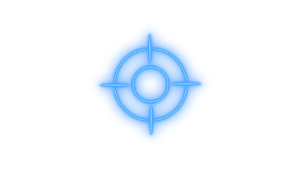 Glowing neon blue target crosshair aim icon isolated on transparent background for digital design projects. Focus point. Precision symbol. Accuracy marker. Game UI element. Business objective.