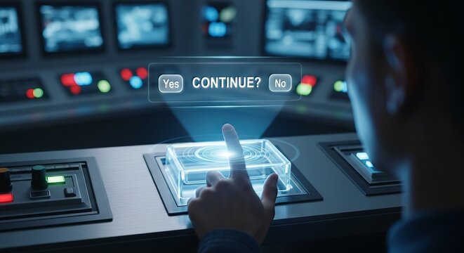 Man interacting with a holographic interface displaying a continue prompt in a futuristic setting - Powered by Adobe
