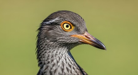 Obraz premium Close up of a bird with striking yellow eyes and intricate feather details.