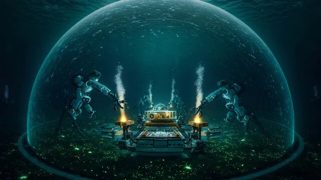 Underwater Dome Robots Working around Glowing Reactor with Bubbles