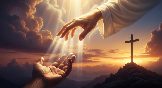 Divine Hand Reaching Down to Human Hand with Cross in Background.