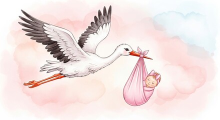 A stork delivering a baby girl wrapped in pink cloth against a watercolor background illustration