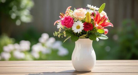 Bright floral bouquet in a white vase on a wooden table outdoors