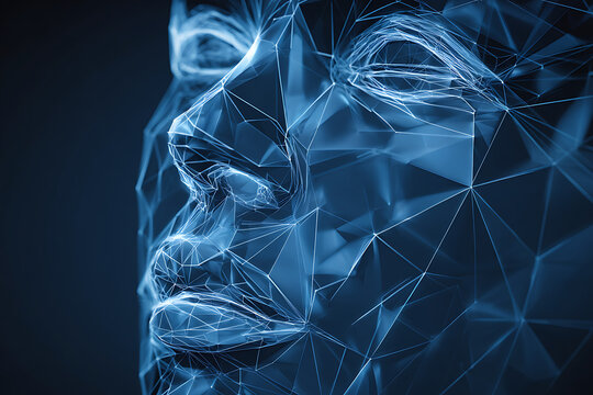 Abstract digital face composed of glowing blue geometric lines and polygons, representing artificial intelligence and futuristic technology concepts