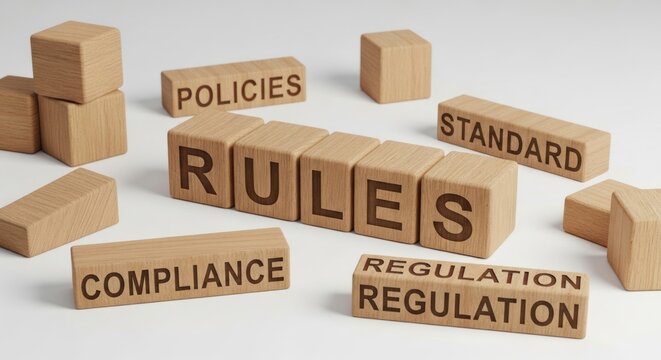 Wooden Blocks Spell Out Rules Compliance Policies Standard Regulation.