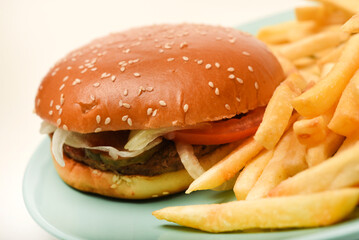 Hamburger with meat and vegetables and French fries. Fast food. Hamburger on a plate.
