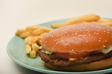 Hamburger with meat and vegetables and French fries. Fast food. Hamburger on a plate.