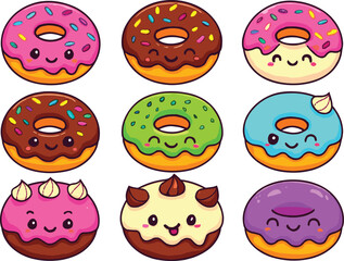 Cartoon donut character set, colorful icing and sprinkles, cute dessert faces, playful sweet illustration, whimsical bakery vector, fun food design