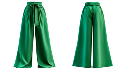 Green Wide Leg Palazzo Pants With Tie Waist, cut out transparent