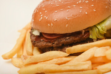 Hamburger with meat and vegetables and French fries. Fast food. Hamburger on a plate.