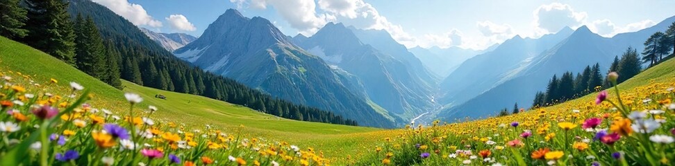 Obraz premium Sunlit Alpine Meadow Wildflowers Bloom Amidst Majestic Peaks, Offering Tranquility and Adventure