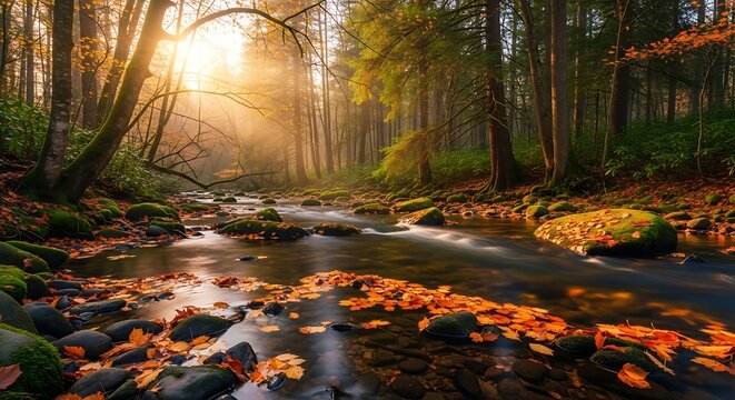 Autumn forest stream with sunlit mist and fallen leaves