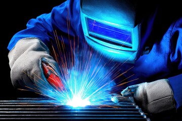 Skilled welder performing metal fabrication with blue sparks illuminating the dark surroundings showcasing intricate techniques and craftsmanship in a focused industrial environment