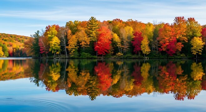Autumn trees reflected in calm lake water fall reflection