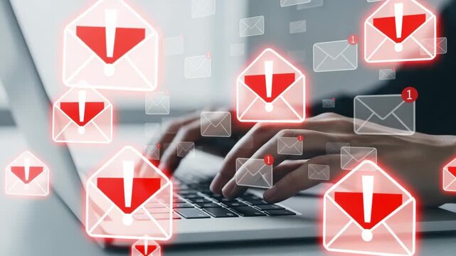 Hands typing on a laptop with glowing email icons and red exclamation marks symbolizing urgent or important messages motion animation video