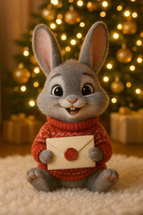 Festive Bunny Holding Holiday Letter by Christmas Tree with Gifts and Lights