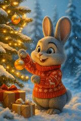 Festive Bunny Decorating Christmas Tree with Golden Ornament in Snowy Scene