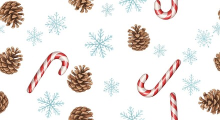 A christmas pattern with candy canes pine cones and snowflakes on a white background holiday themed