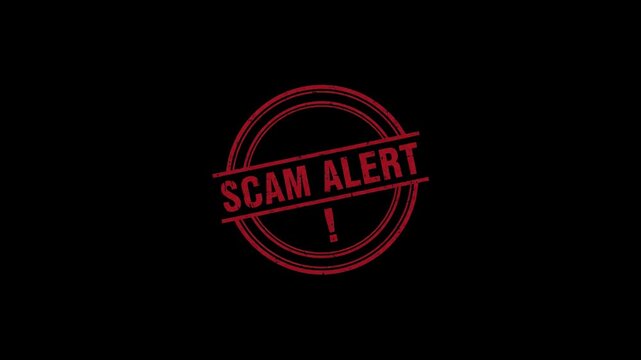 Urgent scam alert animation with red stamp effect for dynamic security awareness campaigns online now