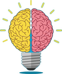 Innovative lightbulb brain concept symbolizing creative ideas and cognitive function flat design vector illustration isolated on transparent background