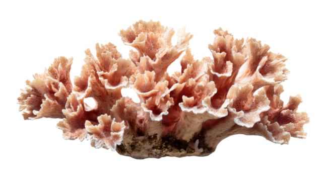 Textured orange coral formation with blue veins on white, cut out transparent